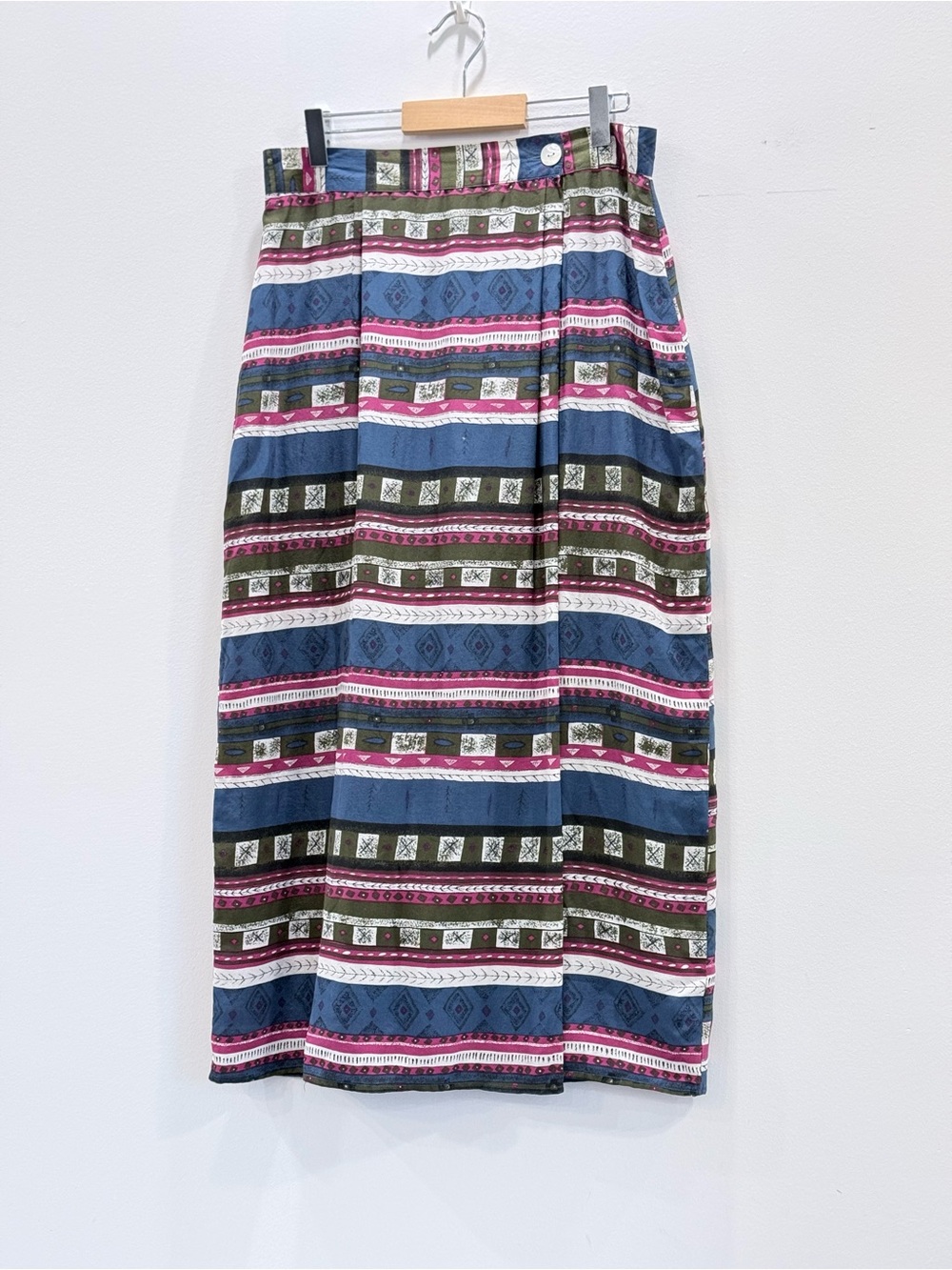 100% Silk - Vintage Half Wrap Skirt - Womens Blue Striped Pattern Midi Skirt